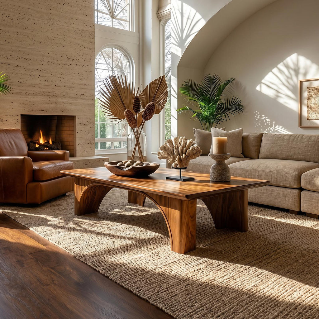 Arched Wood Coffee Table, Mid-Century Modern Curved Base Center Table for Garden Room and Living Room, Solid Wood