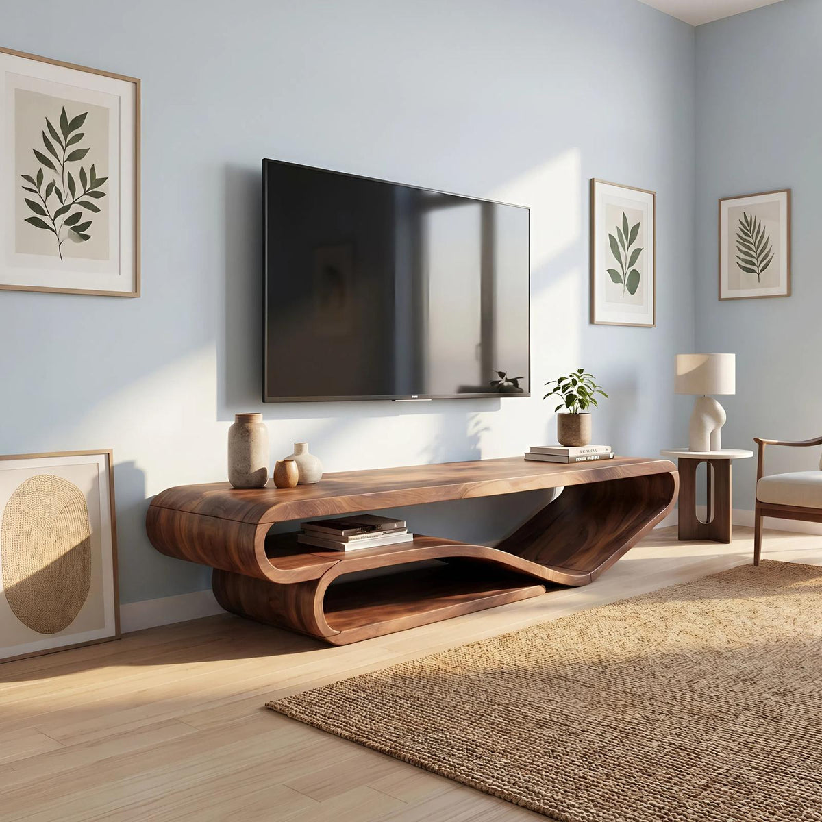 Scandinavian Sculpted Wood TV Console, Modern Floating Style Media Center Credenza for Living Room