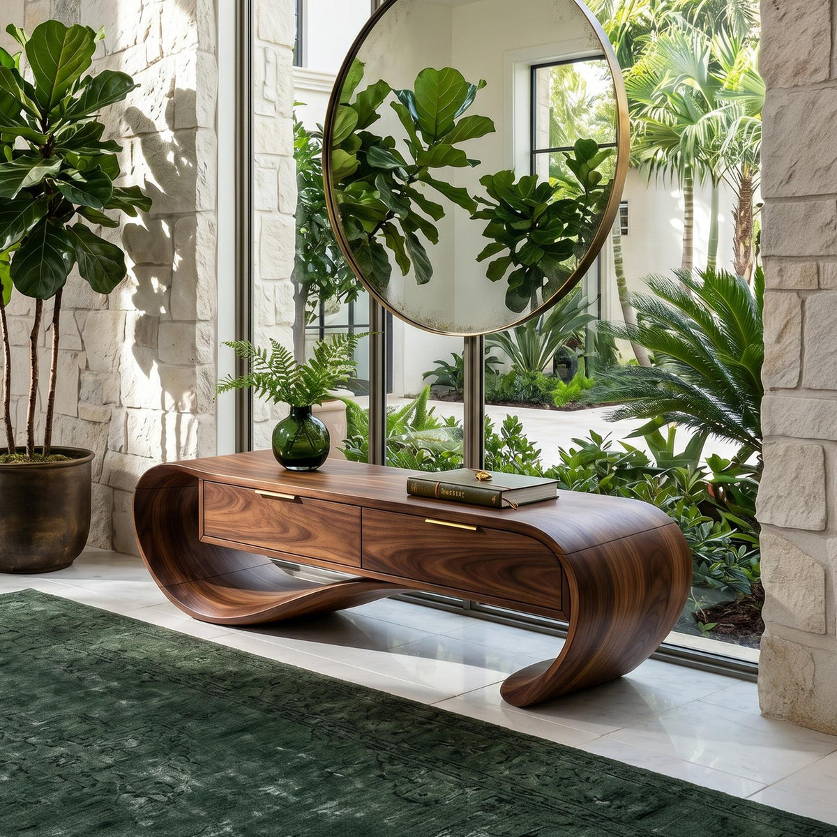 Contemporary Curved Wood Bench with Drawer Storage, Entryway Organizer Bench & Foyer Accent Bench Seating