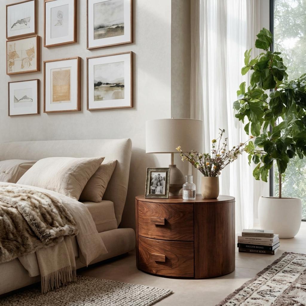 Modern Round Wooden Nightstand with 2 Drawers, Curved Wood Bedside Table for Bedroom Storage, Model