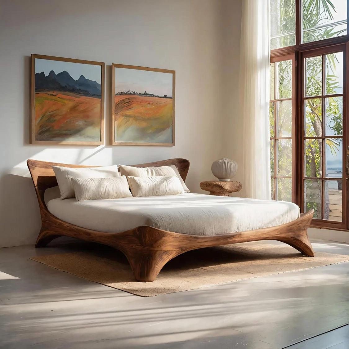 Spry Interior Organic Handcrafted Bed Frame, Solid Wood Platform Bed with Headboard for Contemporary Bedroom, RTTHHNWO011