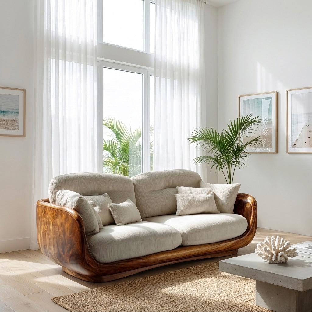 Organic Wooden Sofa with Rounded Edges, Contemporary Timber Loveseat Settee, Minimalist Couch for Living Room