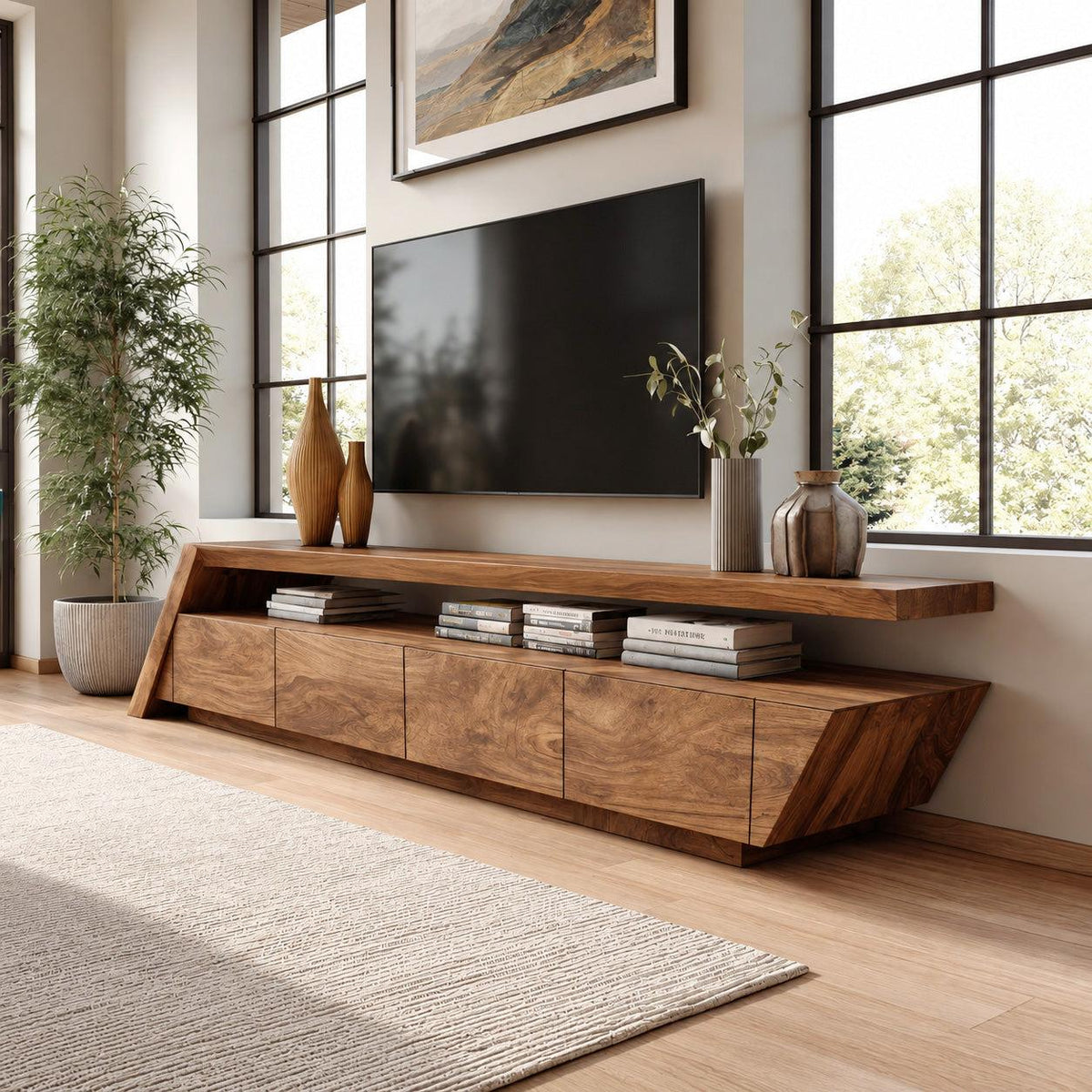 Modern Geometric TV Stand, Mid Century Wooden Media Console Credenza for Living Room Entertainment Center