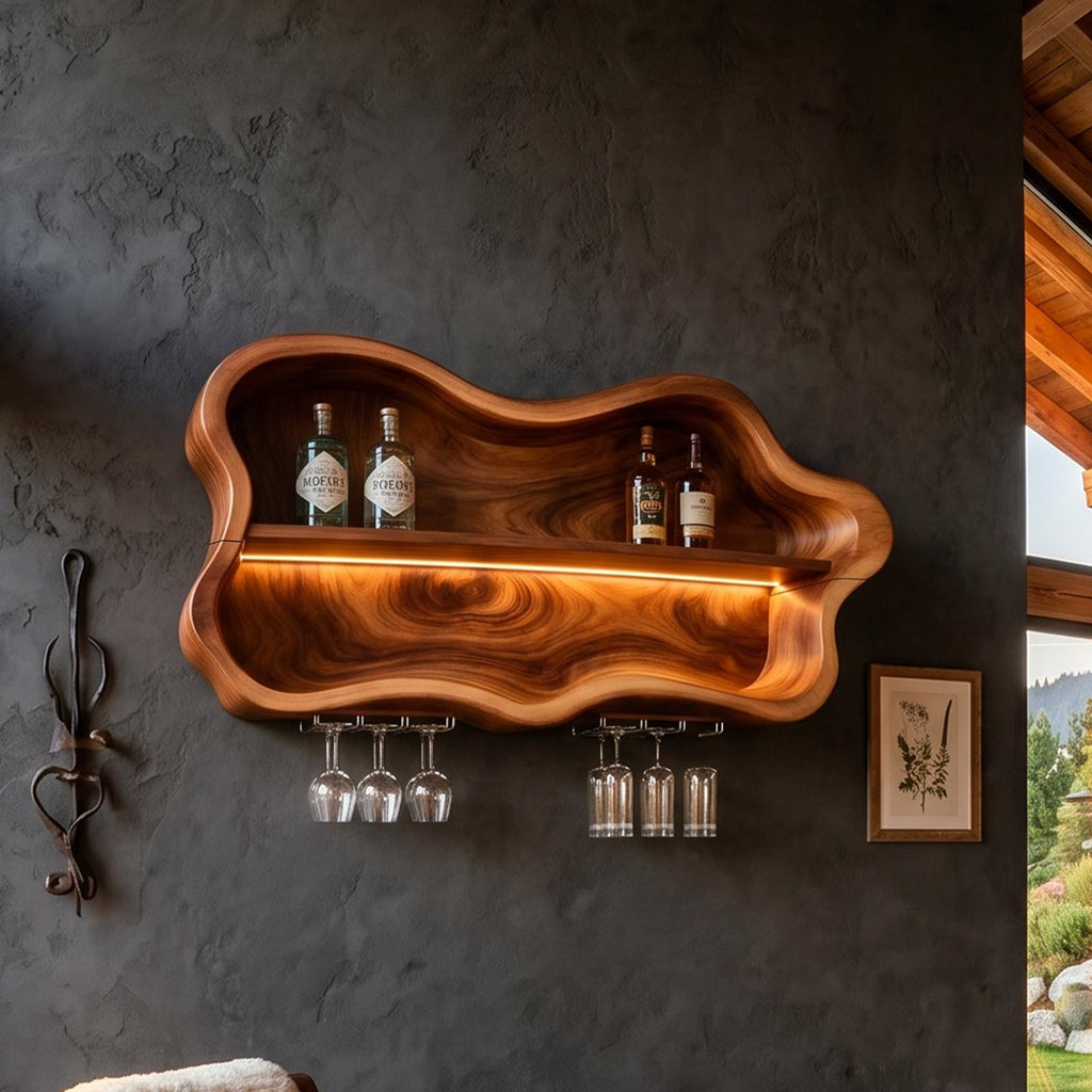 Modern Wood Wine Rack & Glass Holder, Solid Wooden Countertop Bottle Display Stand and Stemware Storage Hanger for Dining Area