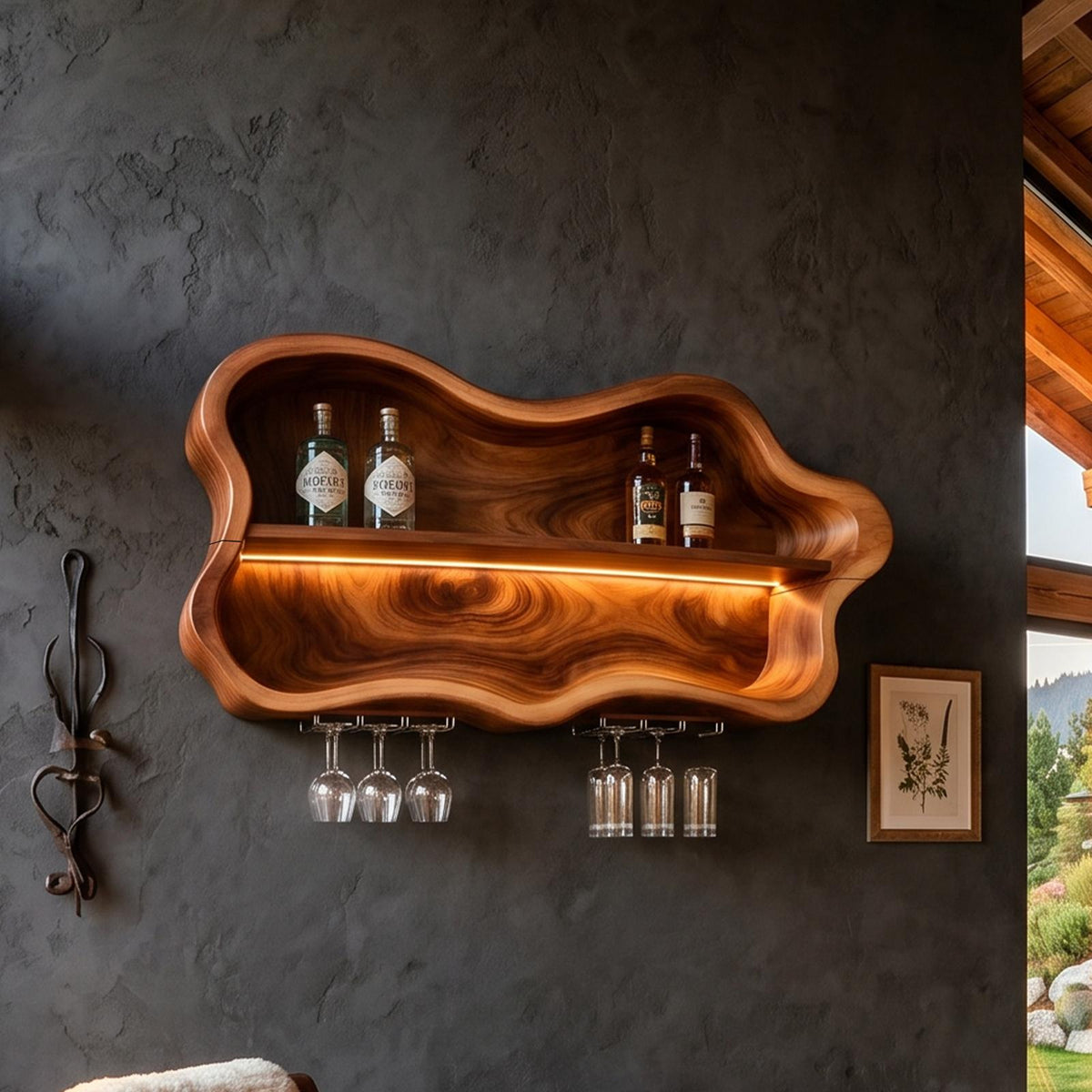 Modern Wood Wine Rack & Glass Holder, Solid Wooden Countertop Bottle Display Stand and Stemware Storage Hanger for Dining Area