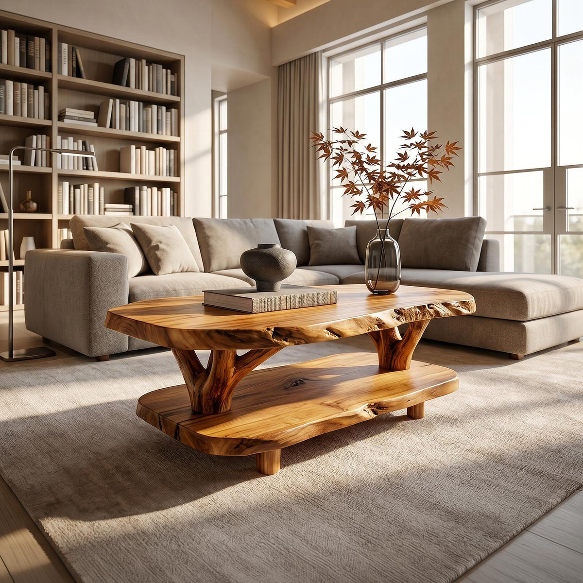 Rustic Live Edge Solid Wood Coffee Table, Natural Slab Center Table for Study Library and Country Home Decor
