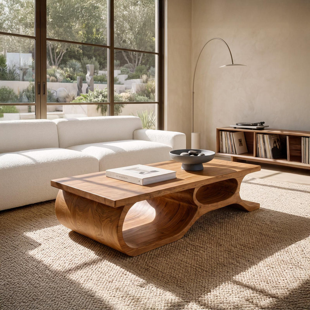 Organic Wooden Coffee Table with Open Shelf Design, Modern Low Profile Storage Center Table, Model
