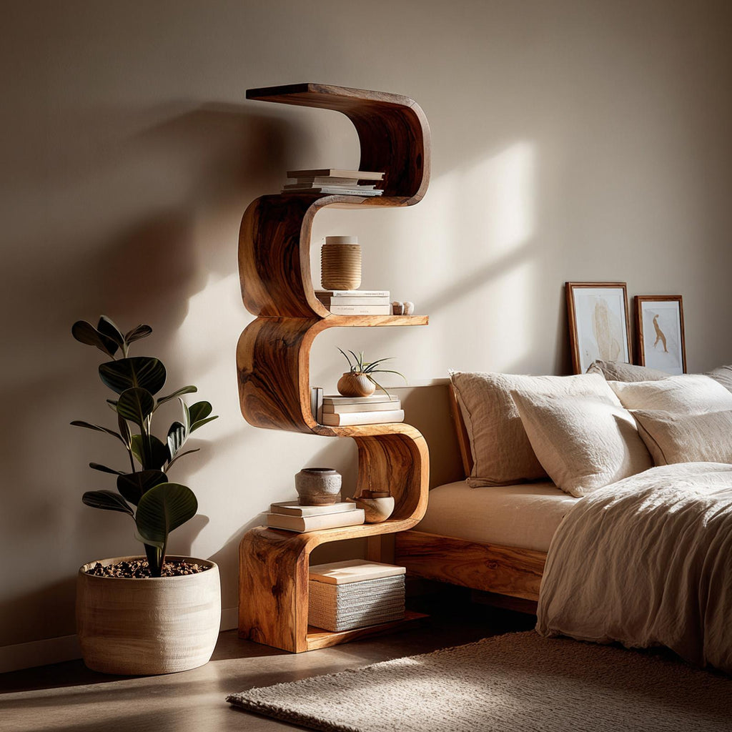 Rustic Farmhouse Wavy Bookshelf, Unique Wooden Bookcase Storage Shelf for Living Room & Bedroom