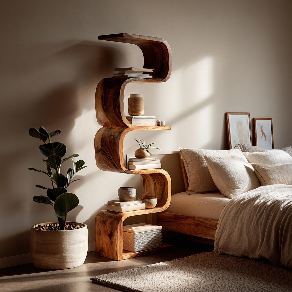 Rustic Farmhouse Wavy Bookshelf, Unique Wooden Bookcase Storage Shelf for Living Room & Bedroom