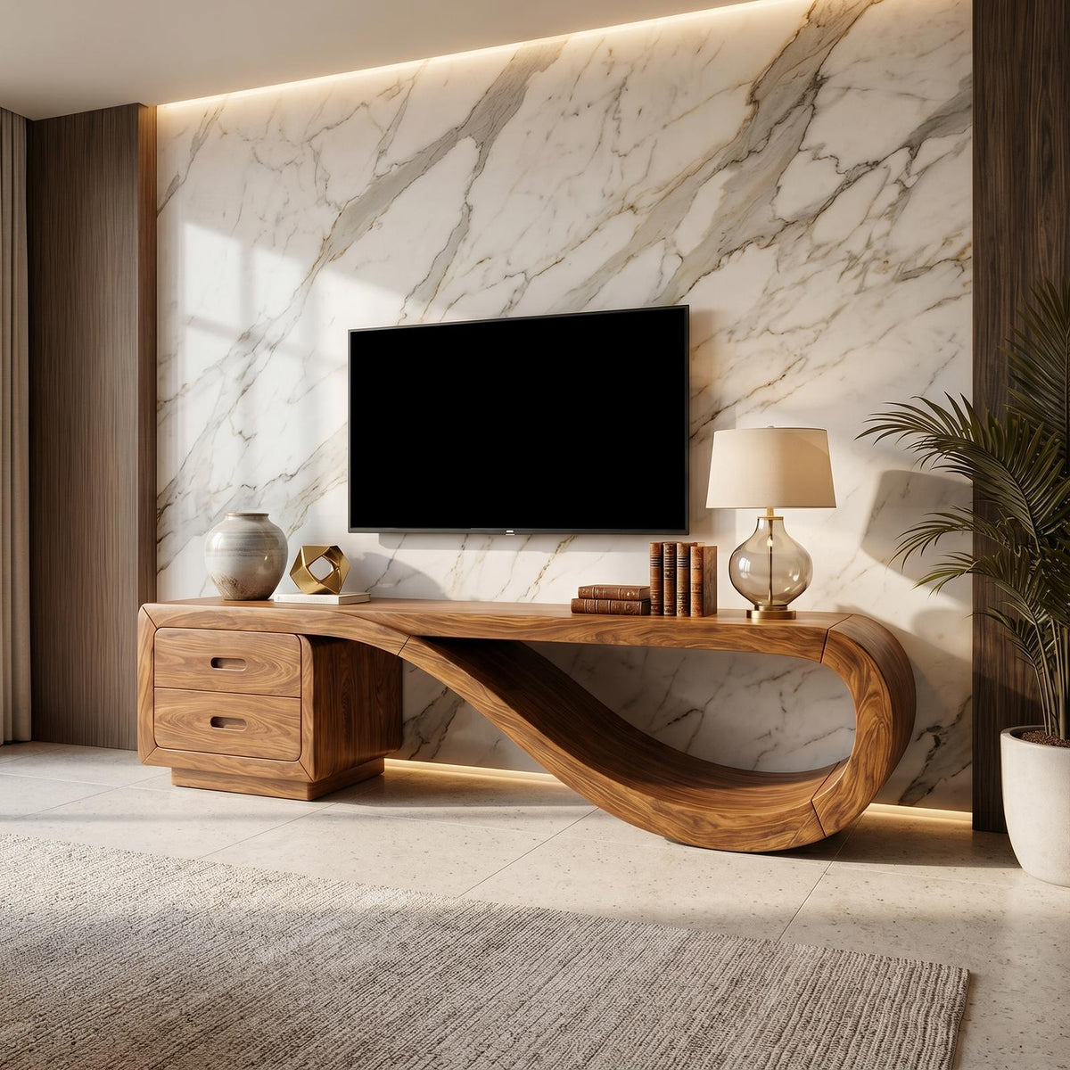 Luxury Sculptural Media Console Marble Accent Wall