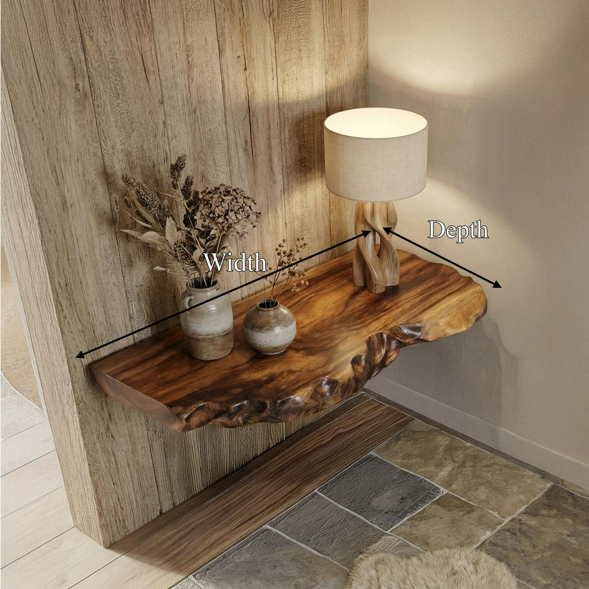 Rustic Floating Shelf, Solid Wood Wall Mounted Display Ledge for Living Room, Bedroom & Kitchen