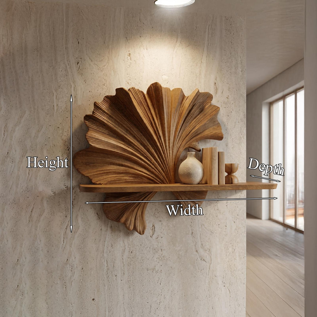 Carved Fan Shape Floating Wall Shelf, Handcrafted Solid Wood Decorative Display Ledge for Living Room
