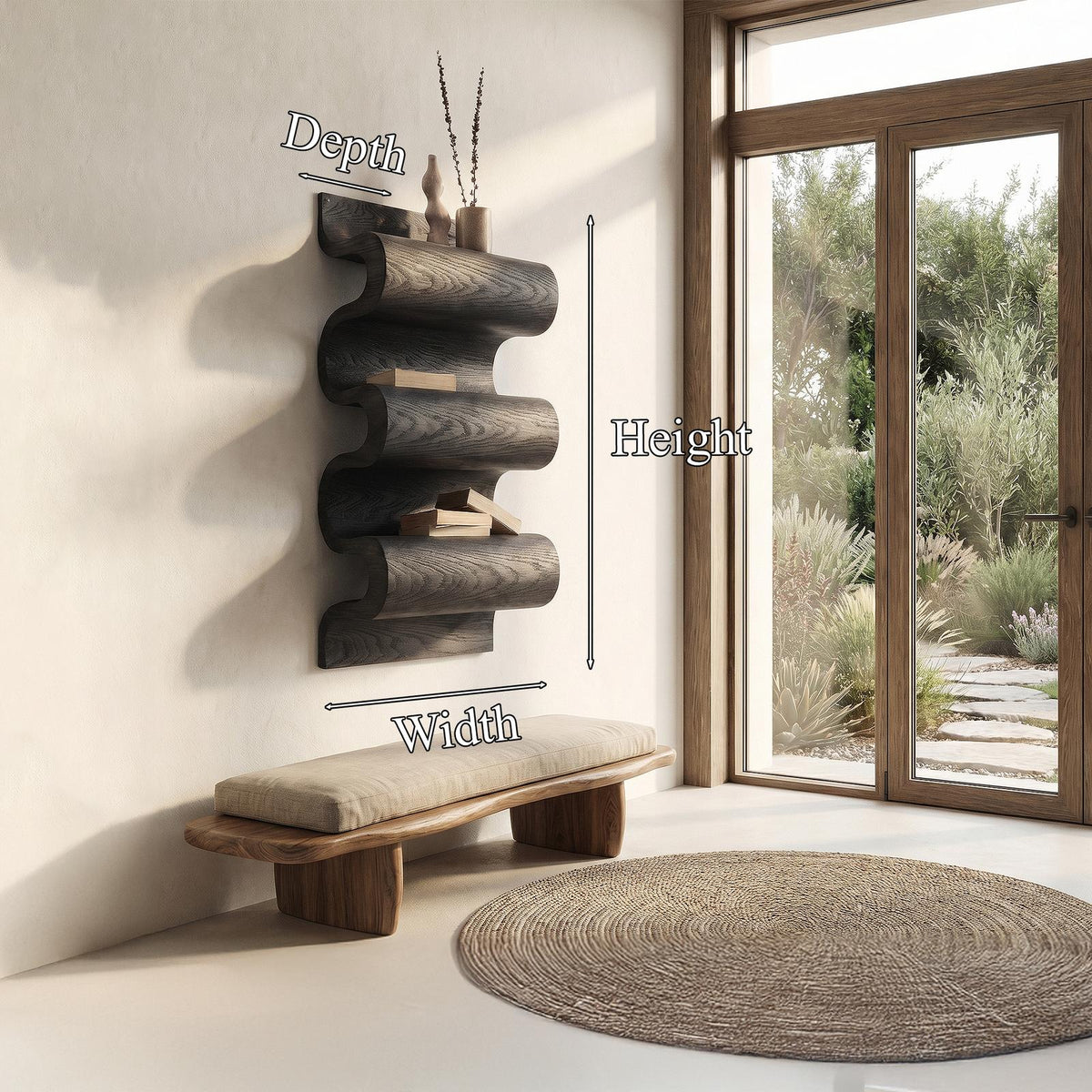 Unique Sculptural Wall Bookshelf, Floating Solid Wood Wave Display Shelf for Living Room & Bedroom