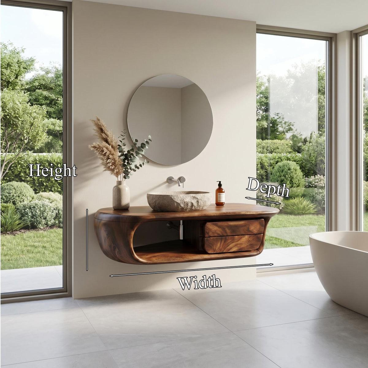 Floating Bathroom Vanity with Curved Wood Base, Wall Mounted Solid Wood Storage Drawer Sink Console