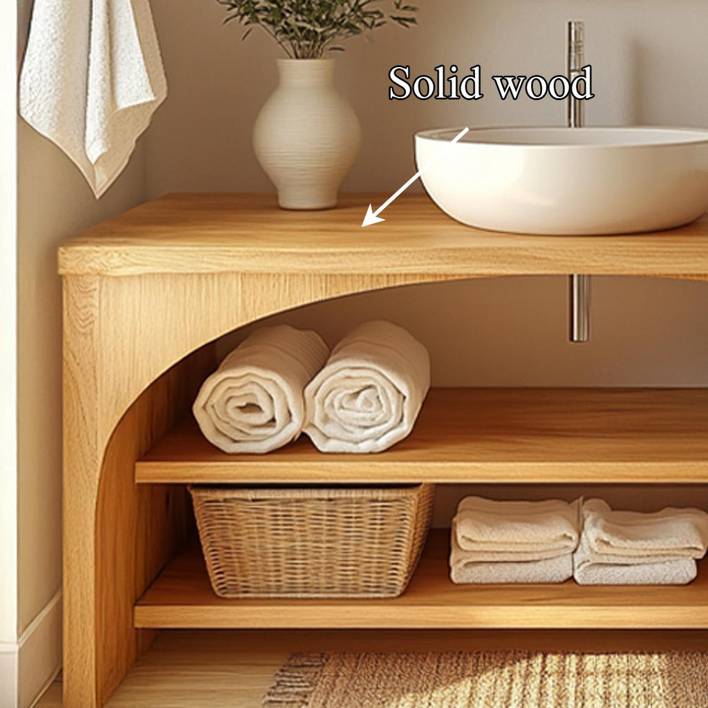Spry Interior Minimal Wooden Bathroom Vanity Cabinet, Handcrafted Open Shelving and Storage Console for Modern Powder Room, SINLSABRV204