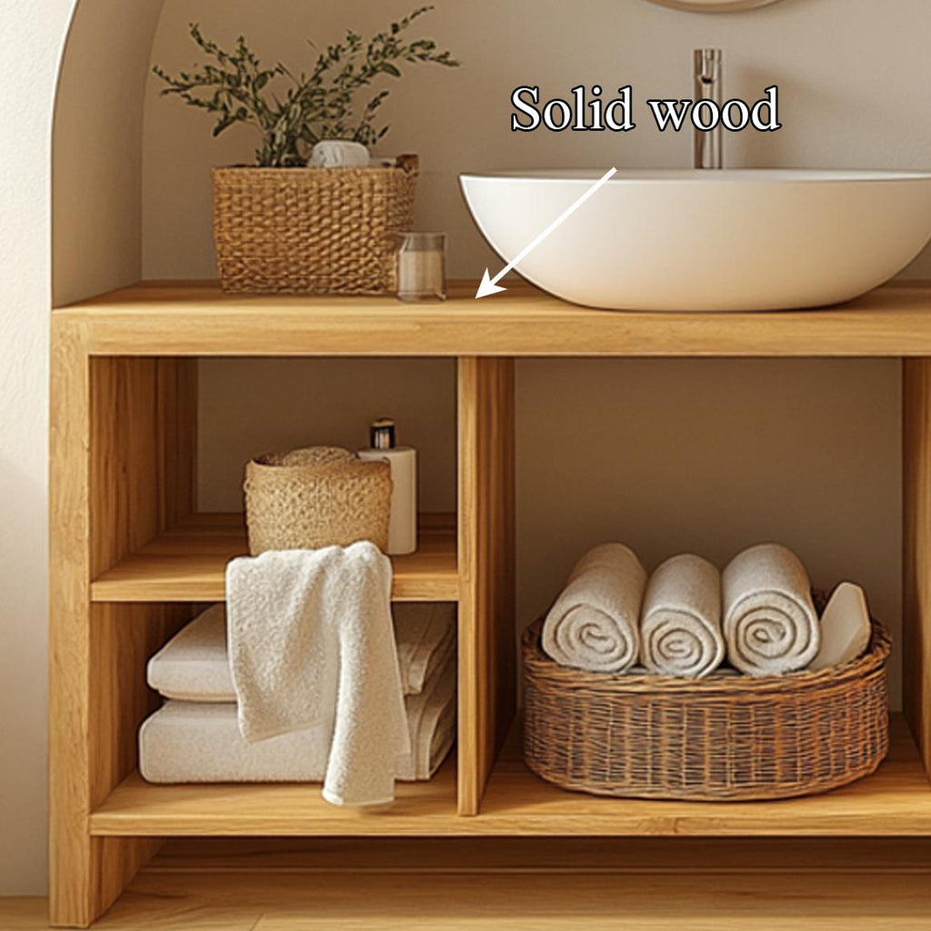 Spry Interior Contemporary Wooden Bathroom Storage Cabinet with Simple Open Shelf Layout, Handcrafted Natural Wood Linen Tower, SINLSABRV206