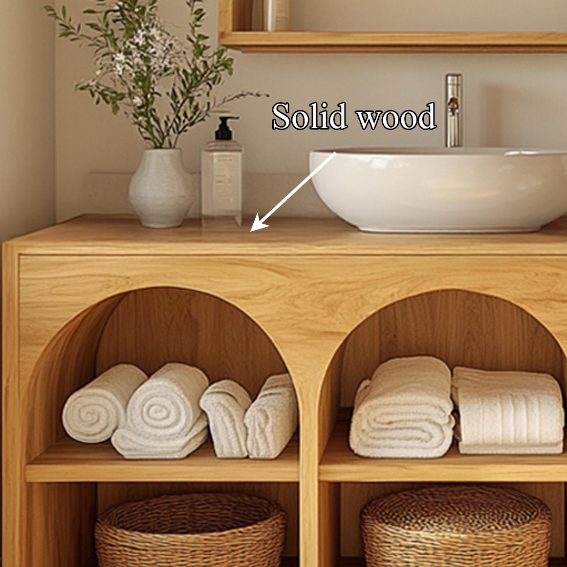 Spry Interior Scandinavian Wooden Bathroom Storage Cabinet with Arched Open Shelves, Natural Wood Linen Organizer for Modern Home, SINLSABRV208