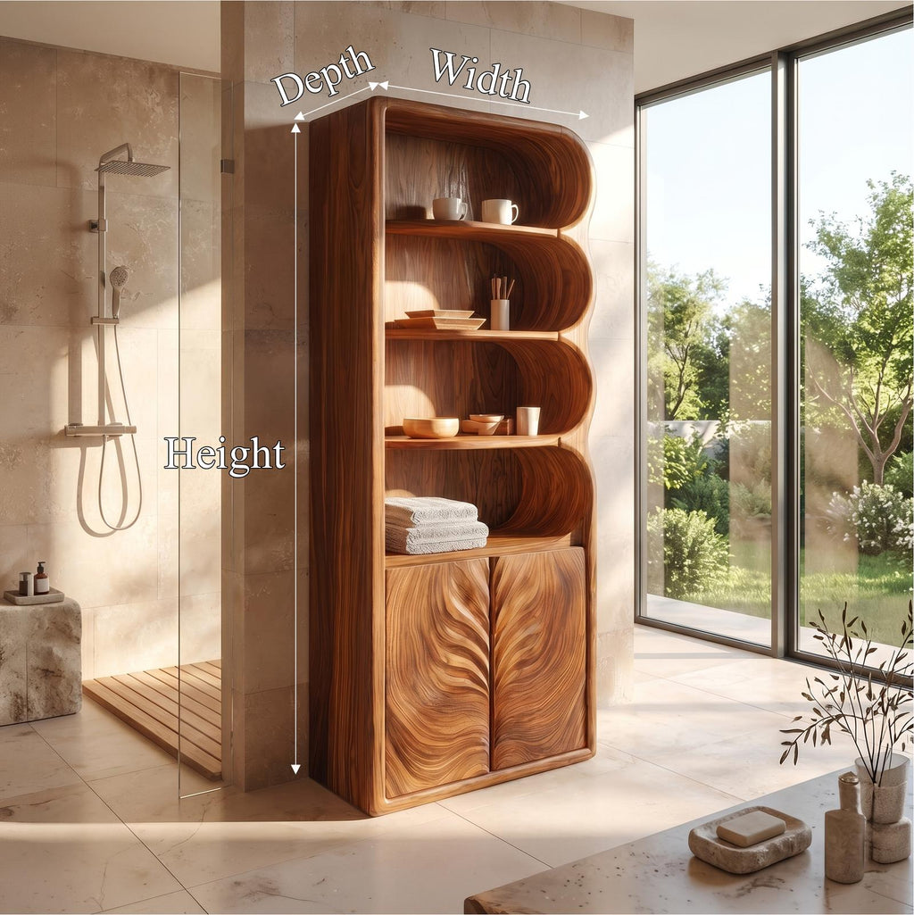 Modern Organic Bathroom Cabinet, Curved Shelves & Carved Wooden Doors Standing Storage Unit