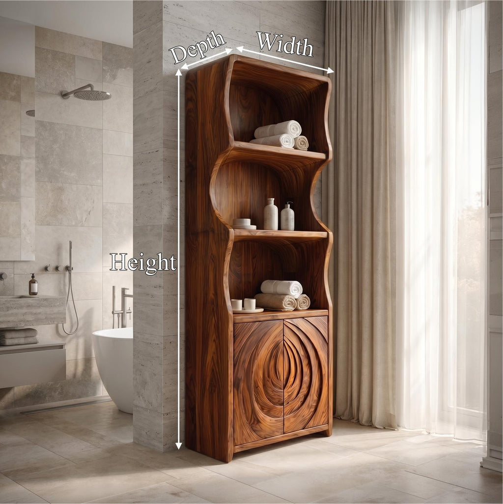 Contemporary Minimalist Bathroom Cabinet, Curved Shelves & Wooden Door Standing Storage Unit