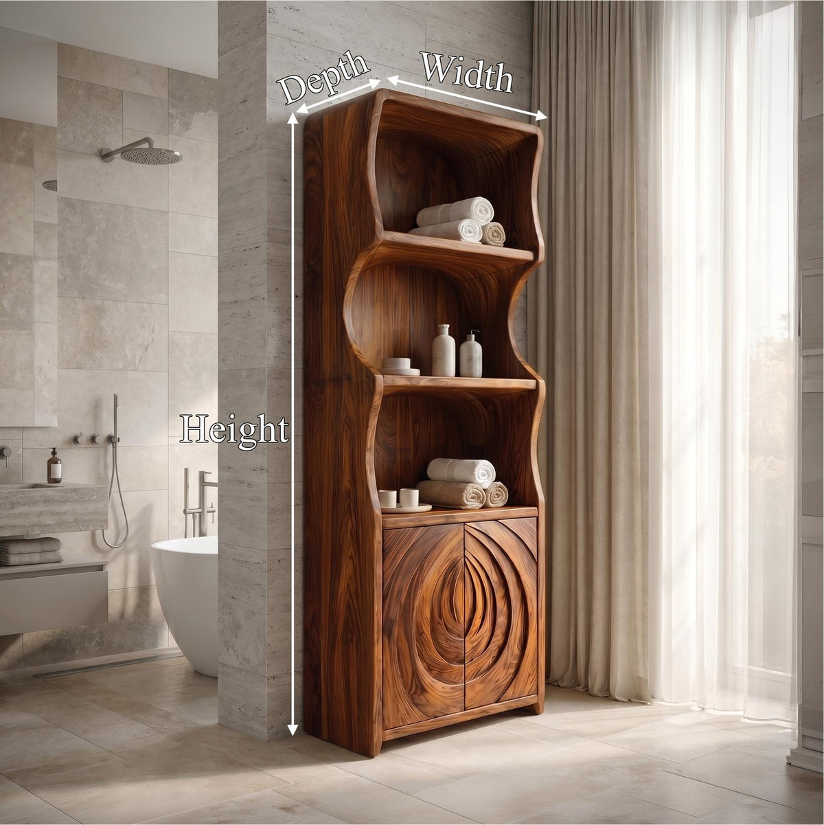 Contemporary Minimalist Bathroom Cabinet, Curved Shelves & Wooden Door Standing Storage Unit