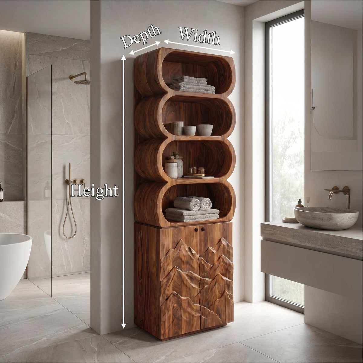 Minimalist Wood Bathroom Cabinet, Rounded Shelves & Sculptural Carved Door Storage Cabinet