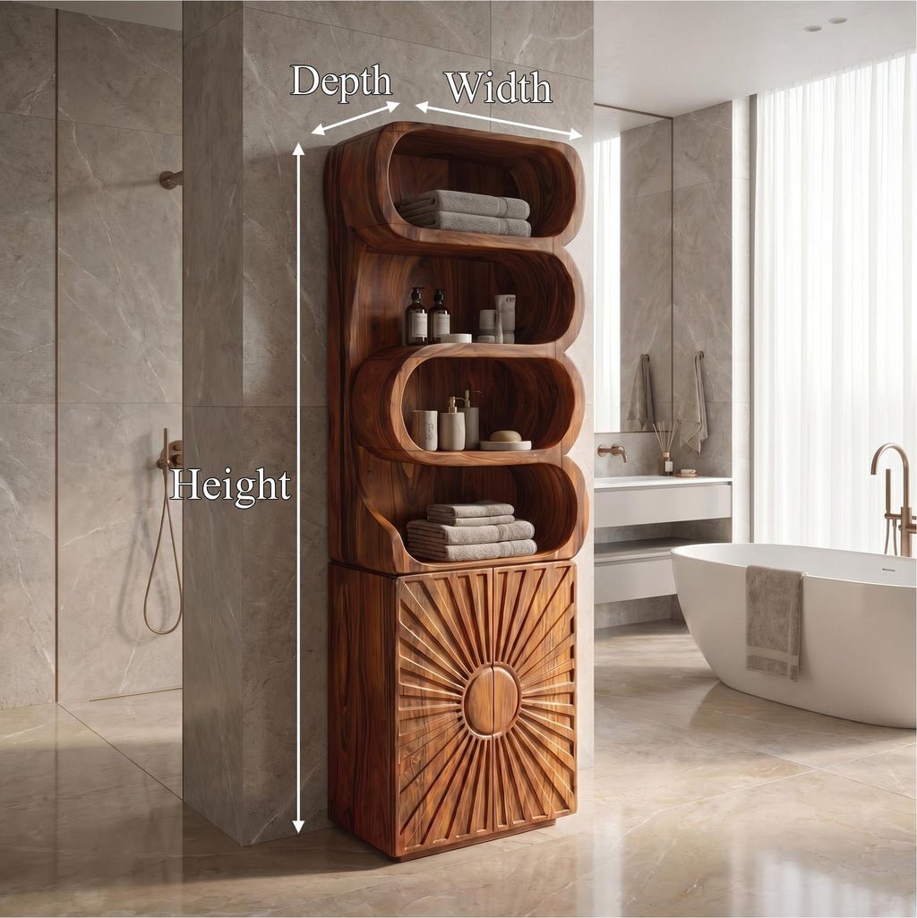 Organic Wood Bathroom Cabinet, Open Shelving & Sculptured Hand Carved Door Storage Cabinet