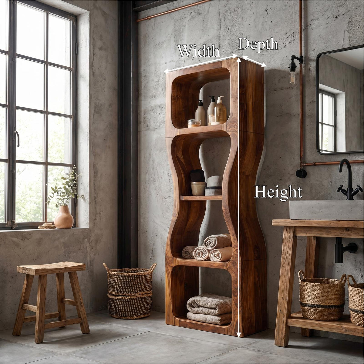 Rustic Modern Bathroom Cabinet, Sculptural Wave Design Wood Storage Cabinet with Open Shelves
