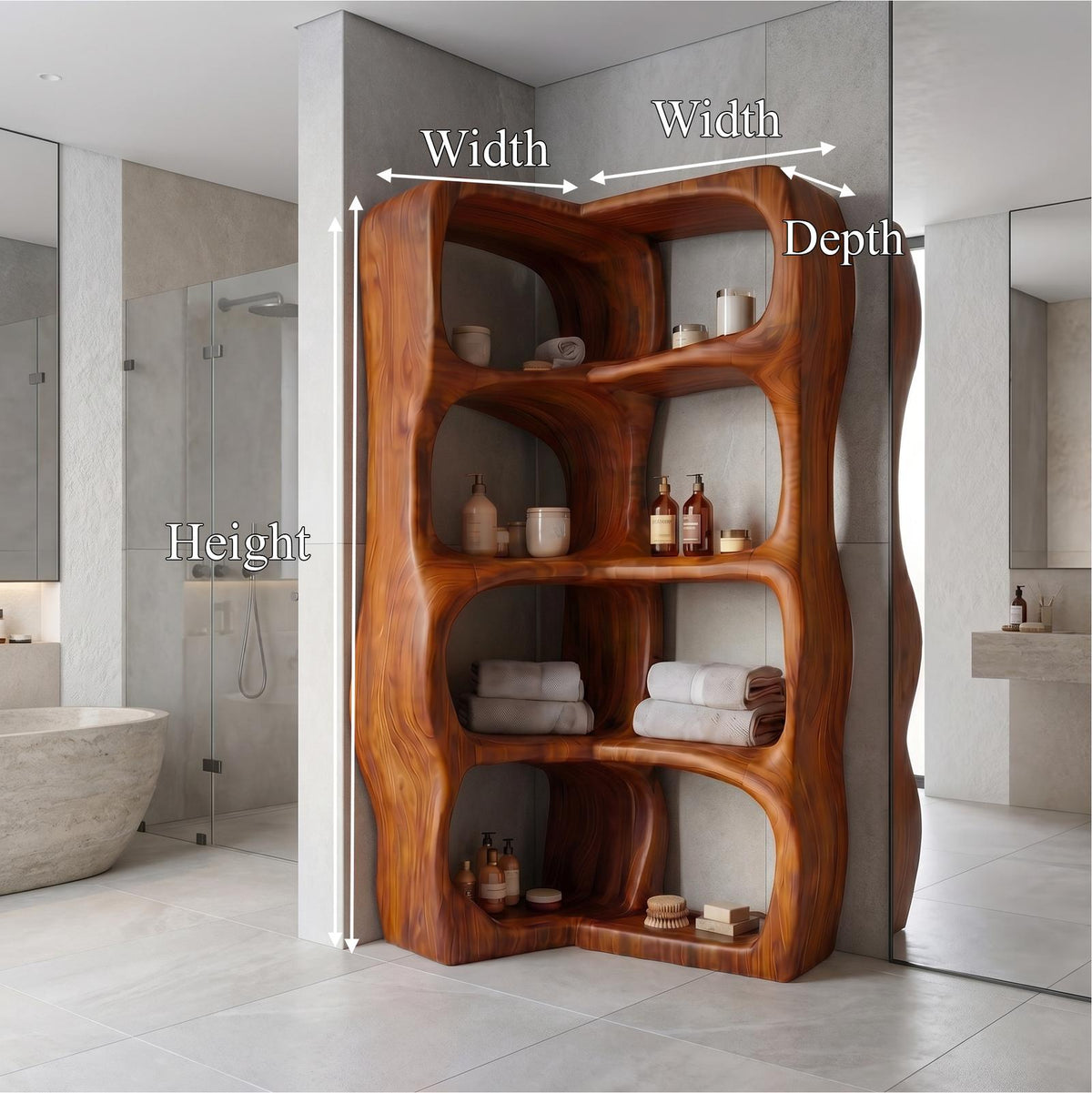 Sculptural Wood Bathroom Cabinet, Freeform Curved Shelves Standing Storage Organizer Cabinet
