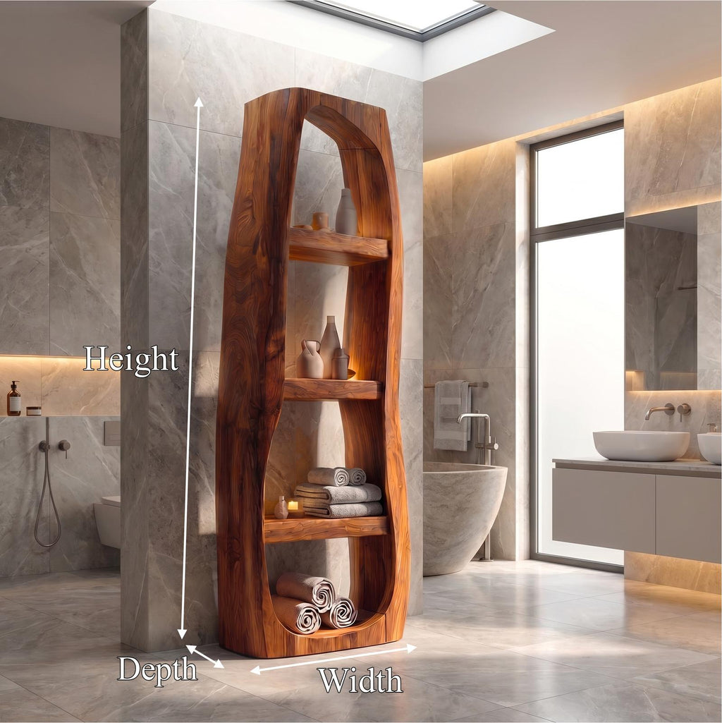 Minimalist Wood Bathroom Cabinet, Curved Arched Floor Storage Cabinet with Shelves & Door