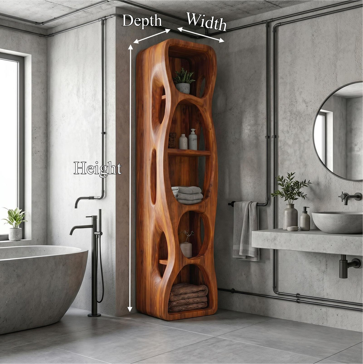 Sculptural Wood Bathroom Cabinet, Hollow Cut Out Design Vanity Storage Unit with Open Shelving