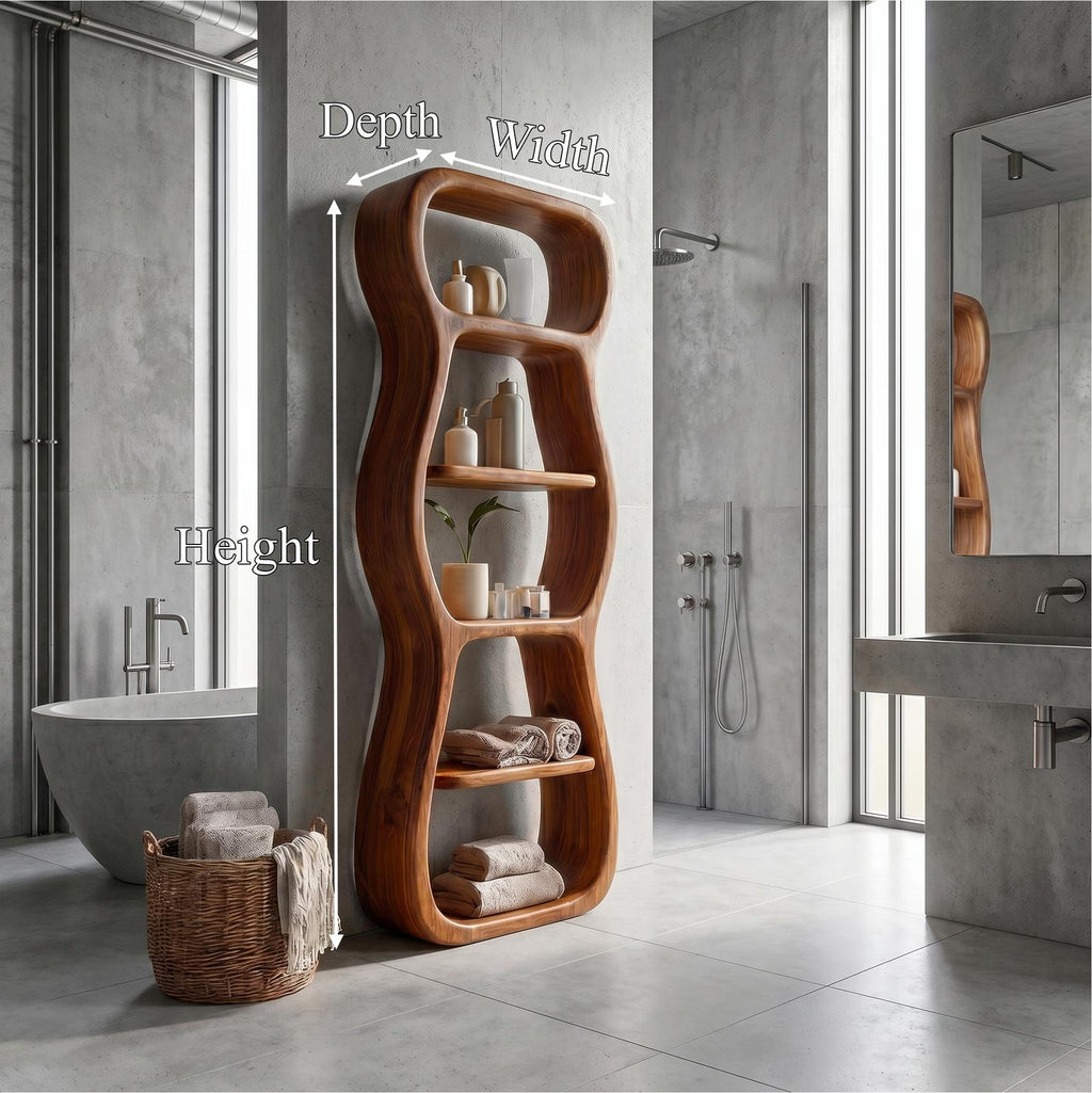 Contemporary Bathroom Storage Cabinet, Sculptural Wood Shape Floor Standing Cabinet with Shelves