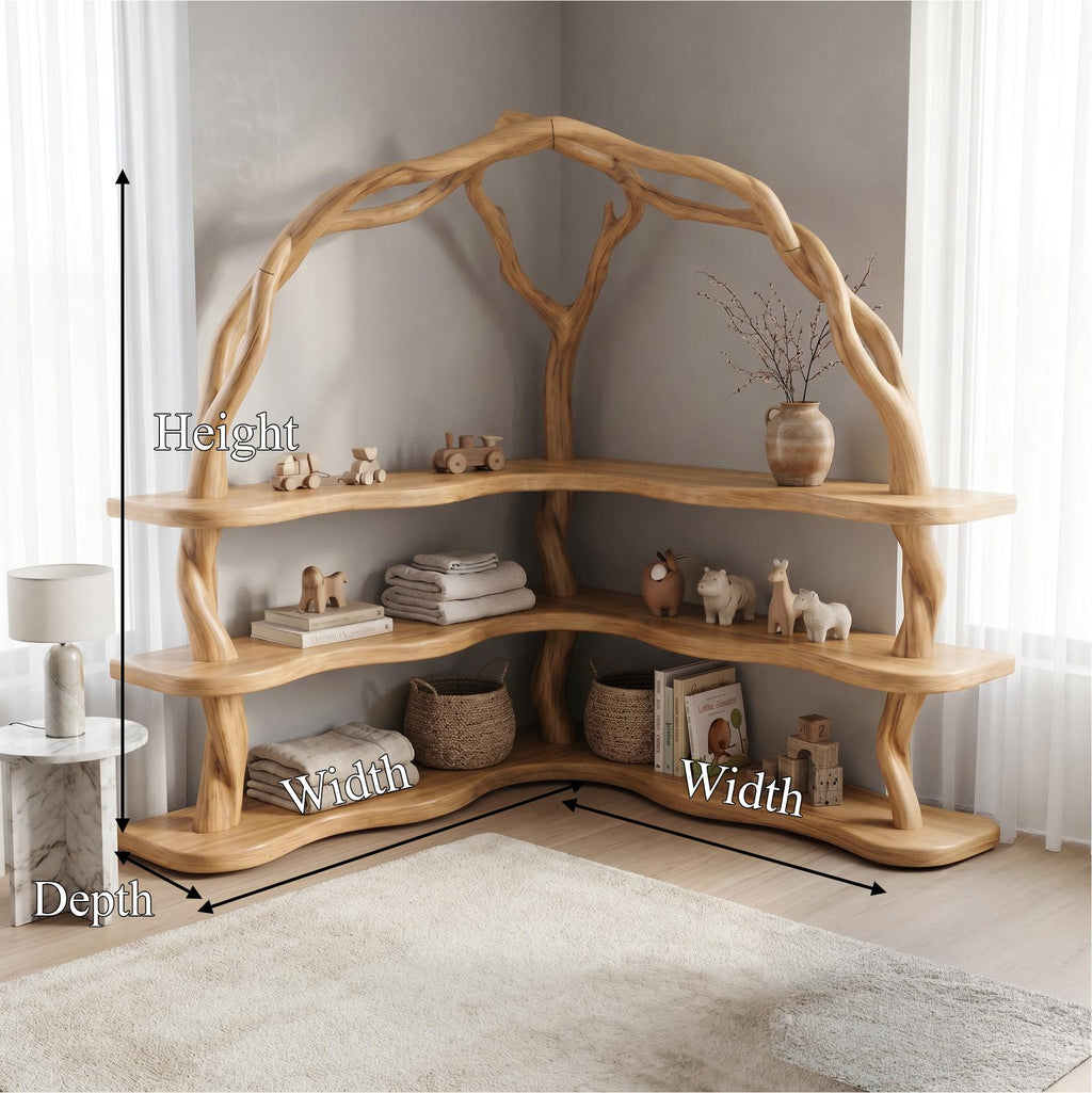 Organic Corner Bookcase with Natural Tree Branch Frame, Solid Wood Bookshelf for Living Room & Bedroom