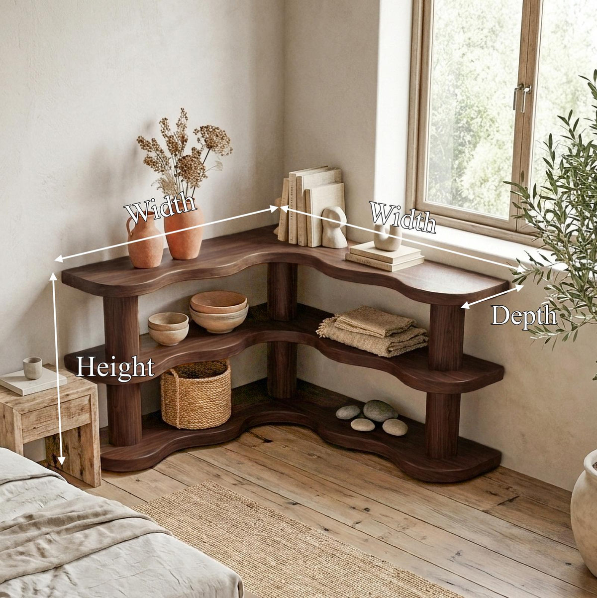 Rustic Modern Corner Bookshelf, Multi-Tier Solid Wood Bookcase Display for Living Room & Bedroom