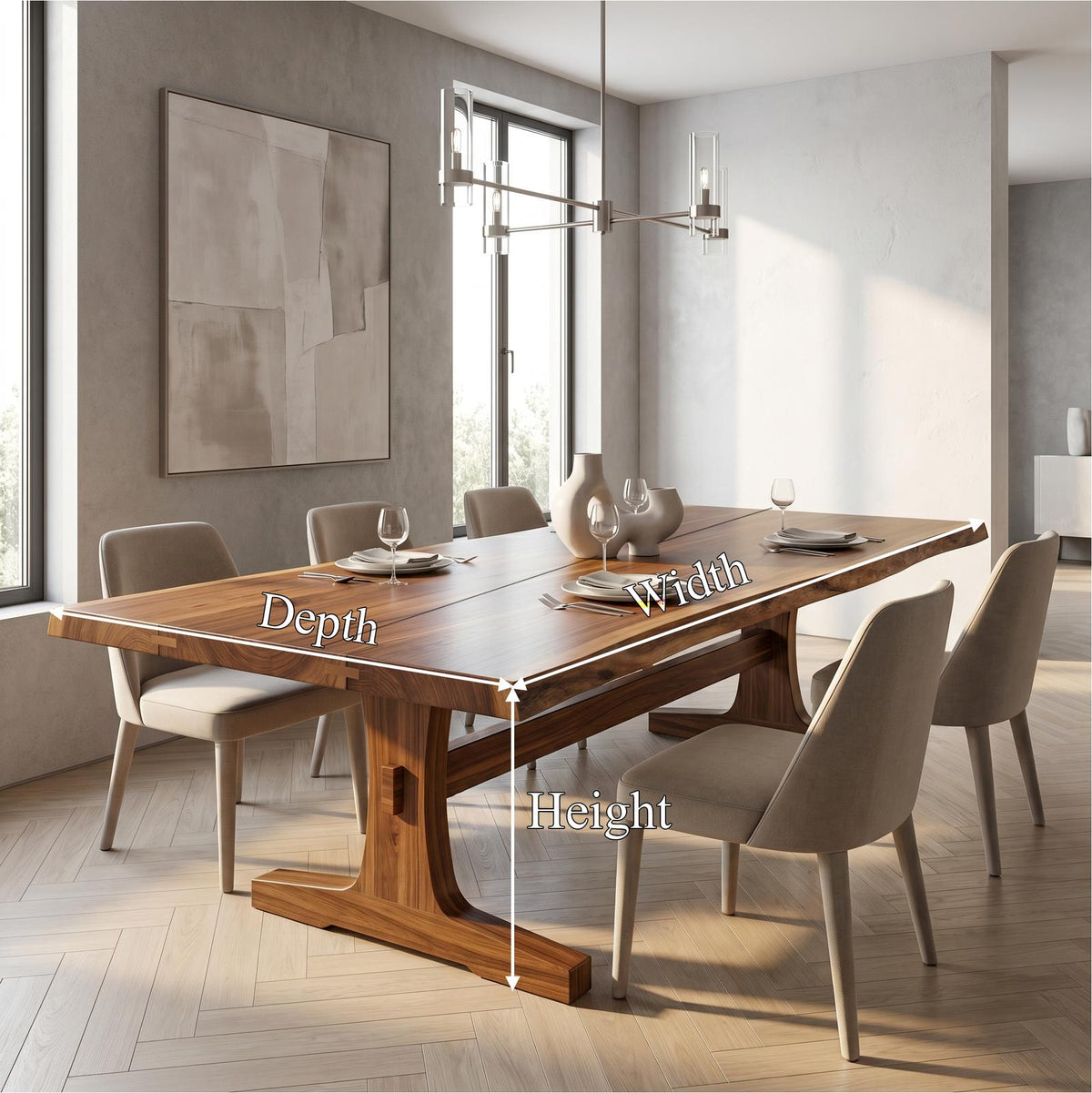 Organic Live Edge Dining Table with Waterfall Wood Base, Rustic Solid Wood Kitchen Table for Dining Room