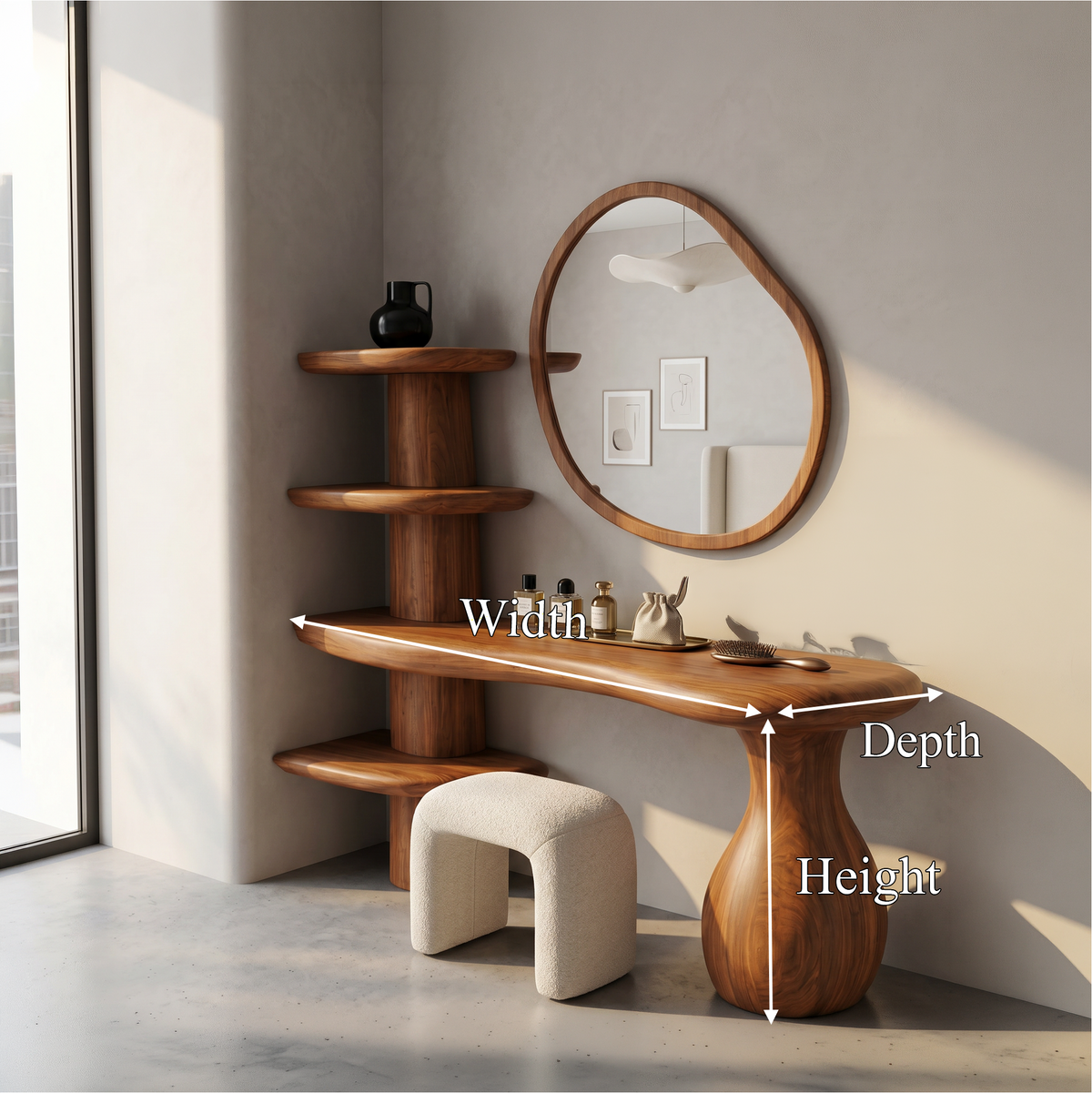 Organic Corner Vanity Table, Space-Saving Solid Wood Makeup Desk with Mirror & Storage Drawers for Small Bedrooms