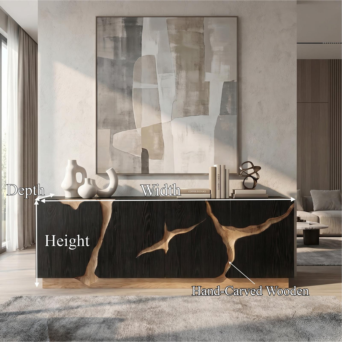 Organic Sideboard with Charred Wood Doors & Natural Live Edge Inlay, Shou Sugi Ban Buffet Credenza Console