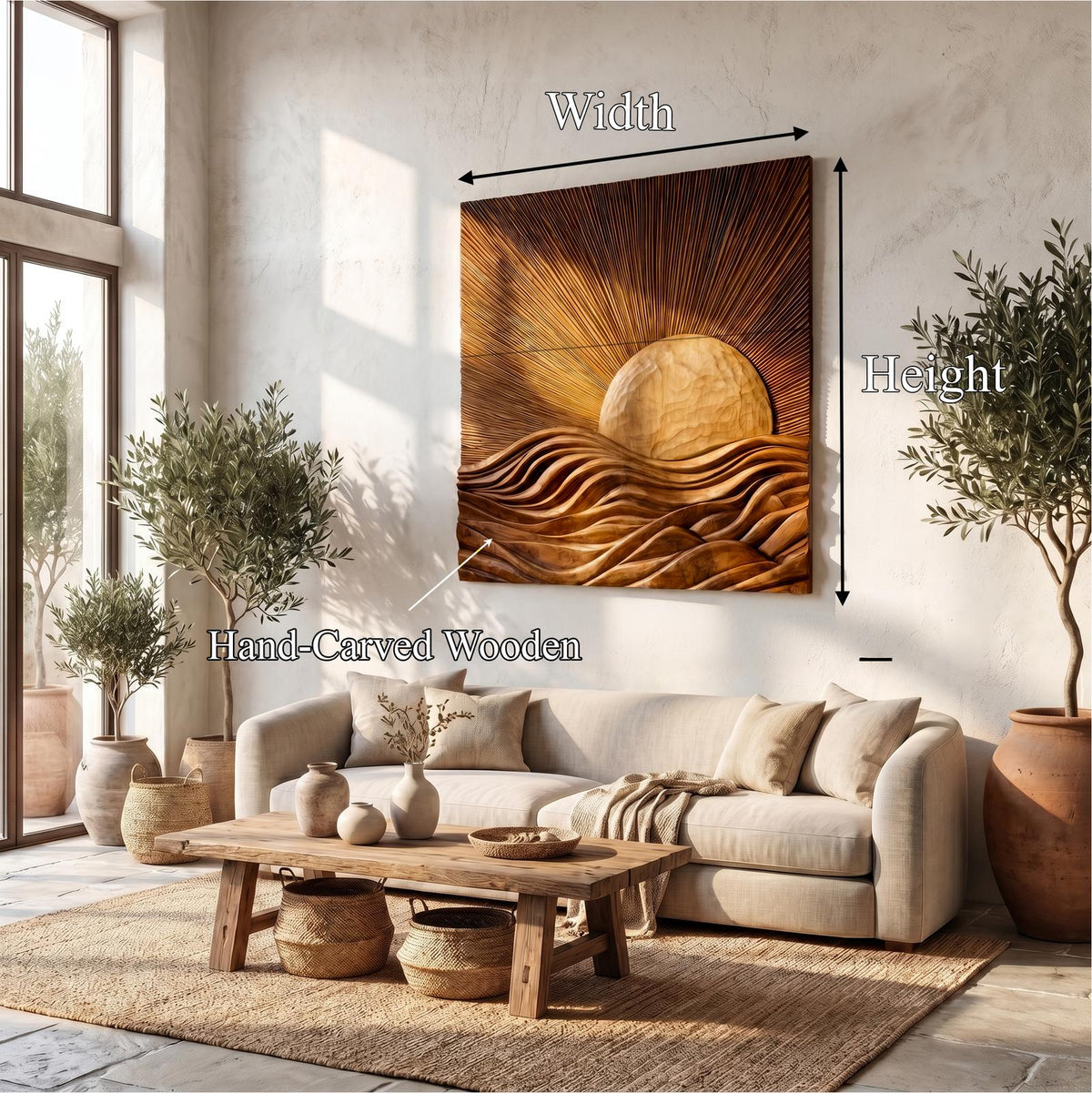 Organic Sunrise Wooden Wall Art Panel, Sunburst Carved Relief Wood Sign Decor for Living Room, Entryway