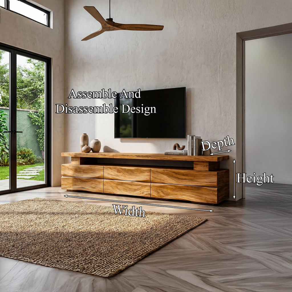 Rustic TV Cabinet with Wave Front Drawers & Open Storage Shelf, Solid Wood Media Entertainment Stand