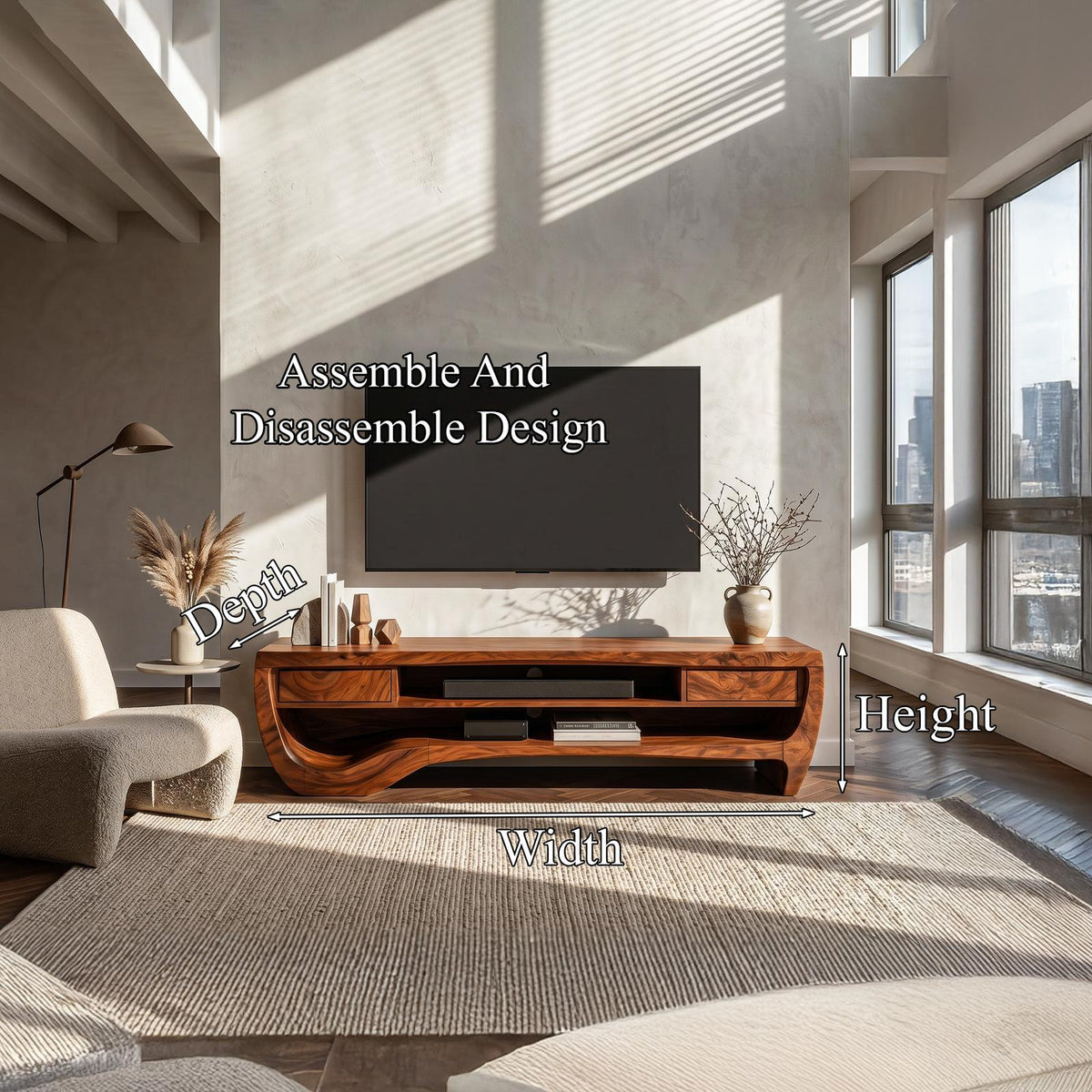 Organic TV Cabinet with Open Storage & Sculptural Curved Wood Design, Solid Wood Media Console TV Stand