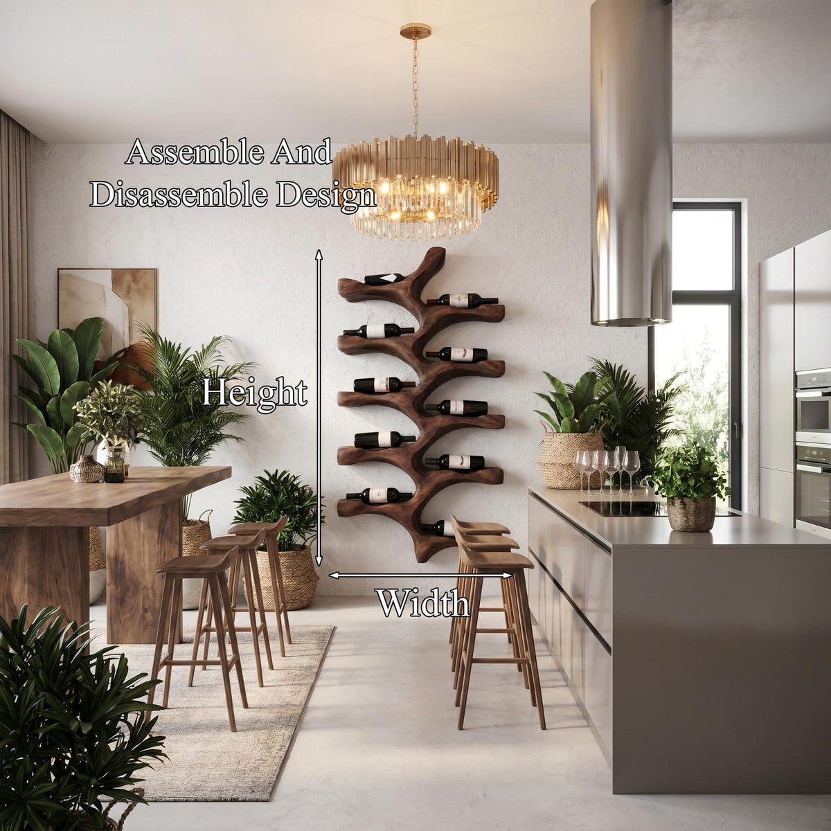 Organic Wall Mounted Wine Rack with Tree Branch Bottle Holders, Handcrafted Wood Wine Rack for Kitchen