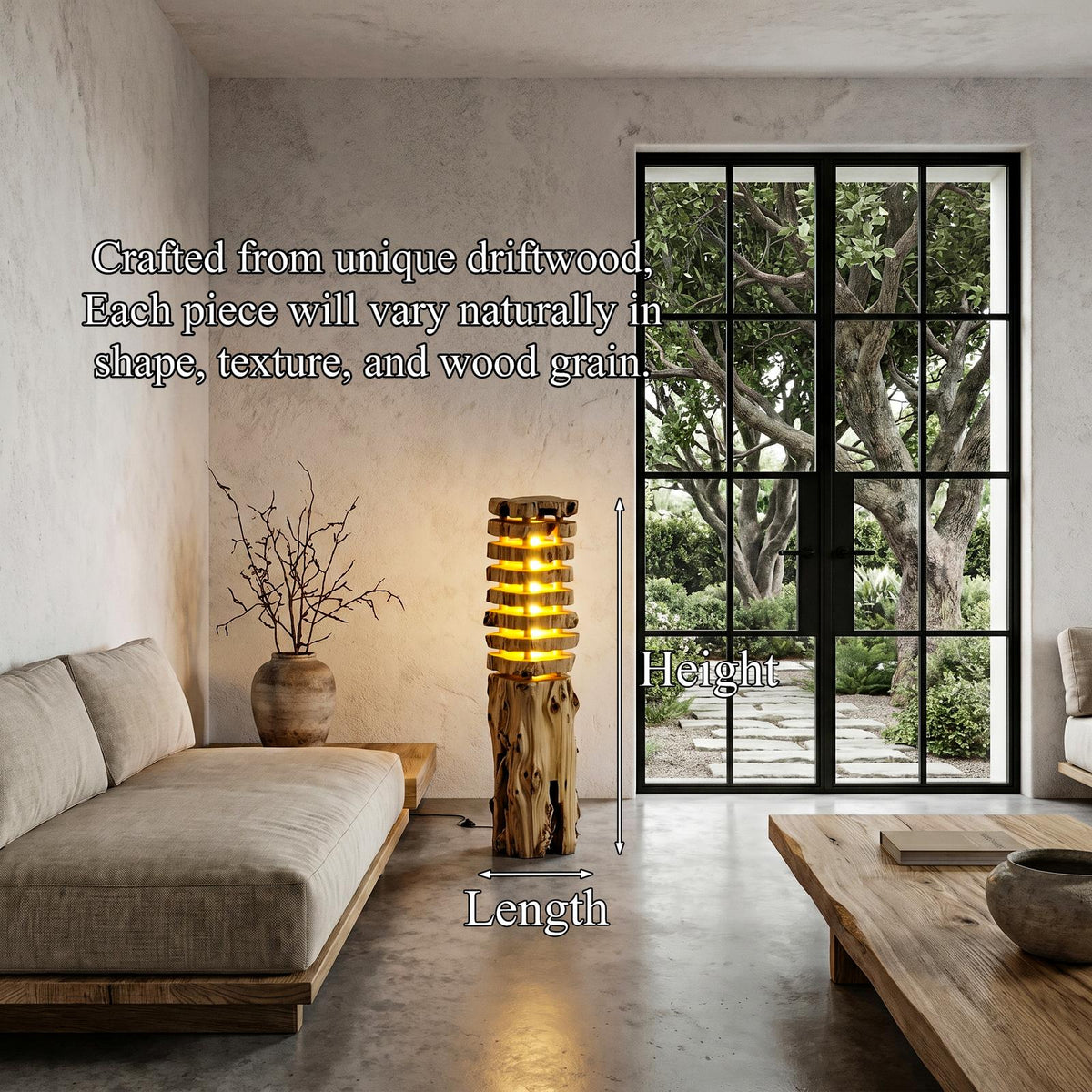 Rustic Log Floor Lamp with Sculptural Wooden Base, Natural Tree Trunk Standing Light for Living Room & Bedroom