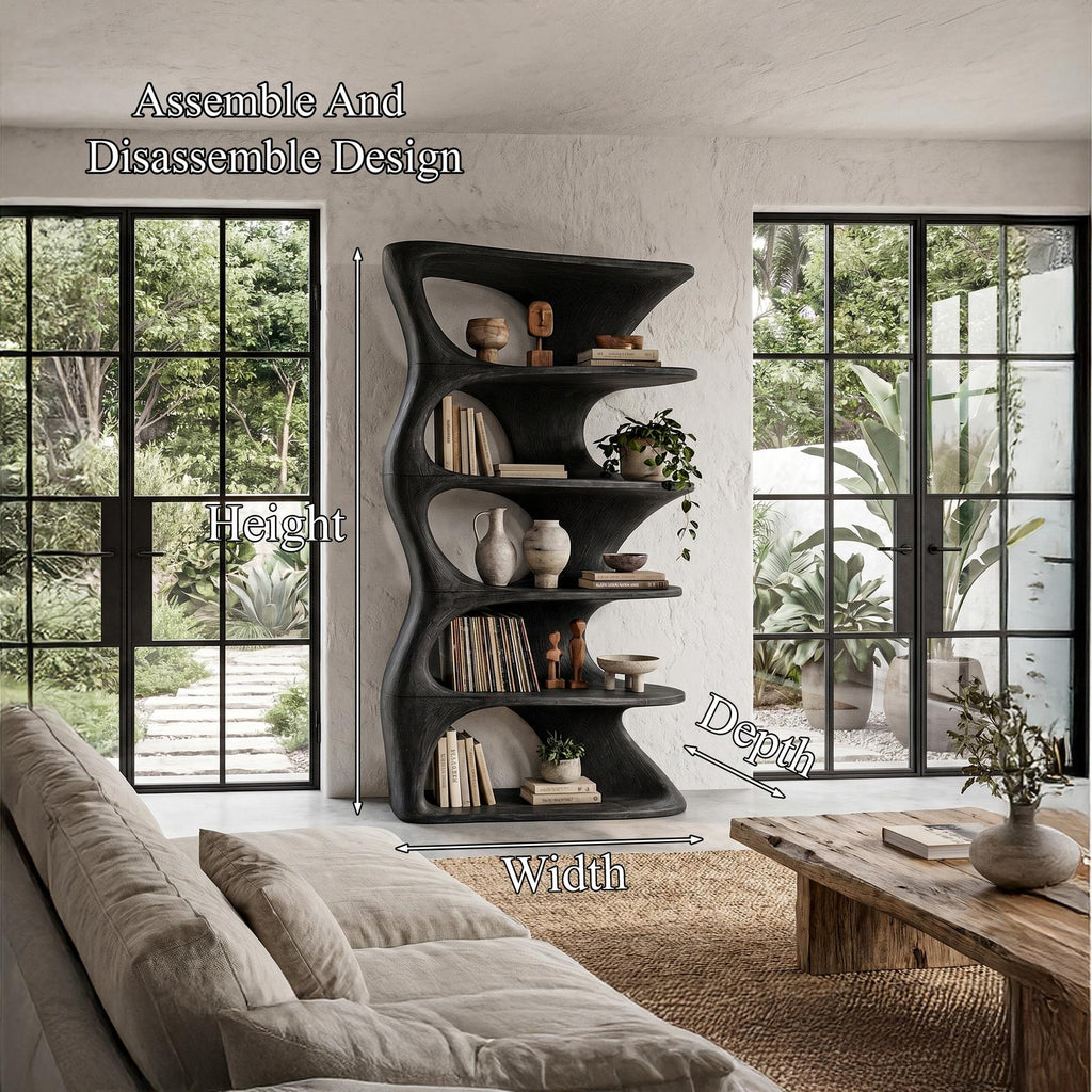 Organic Sculptural Wall Mounted Bookshelf with Curved Floating Wood Shelves, Decorative Wall Hanging Bookcase
