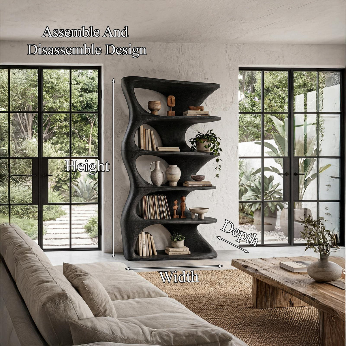 Organic Sculptural Wall Mounted Bookshelf with Curved Floating Wood Shelves, Decorative Wall Hanging Bookcase