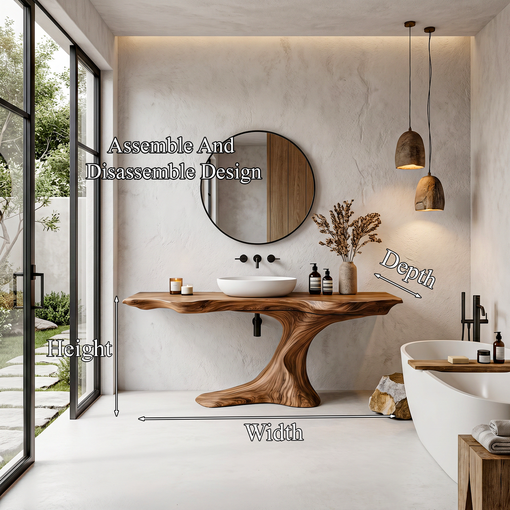 Rustic Organic Bathroom Vanity with Live Edge Countertop & Sculptural Tree Root Base, Wooden Sink Cabinet