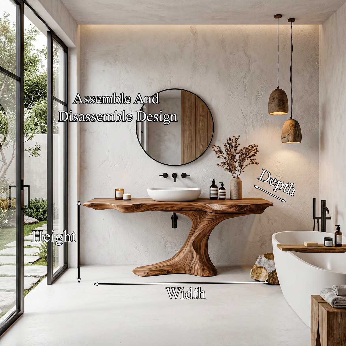 Rustic Organic Bathroom Vanity with Live Edge Countertop & Sculptural Tree Root Base, Wooden Sink Cabinet