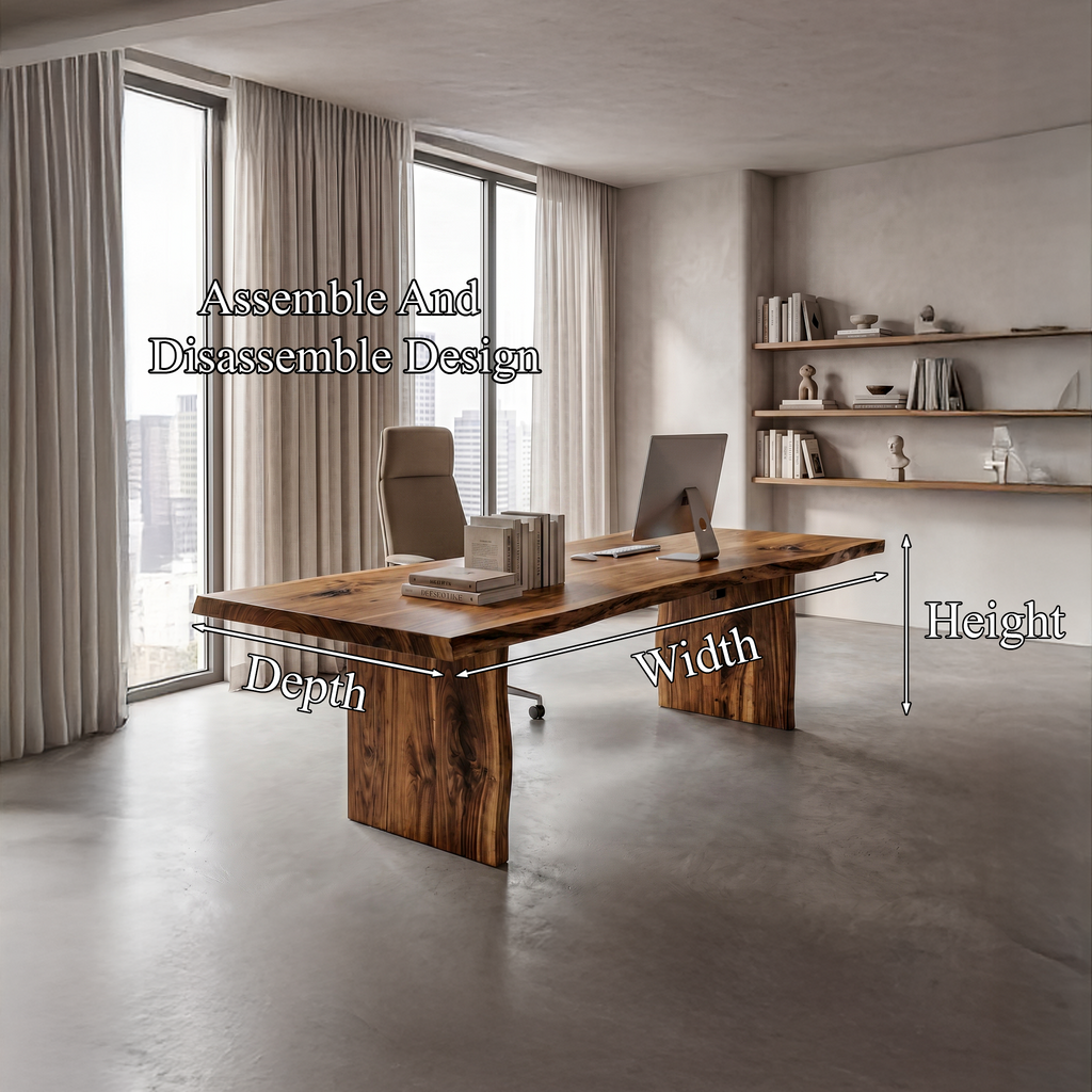 Rustic Live Edge Wooden Desk with Solid Wood Pedestal Base, Natural Edge Executive Office Computer Table