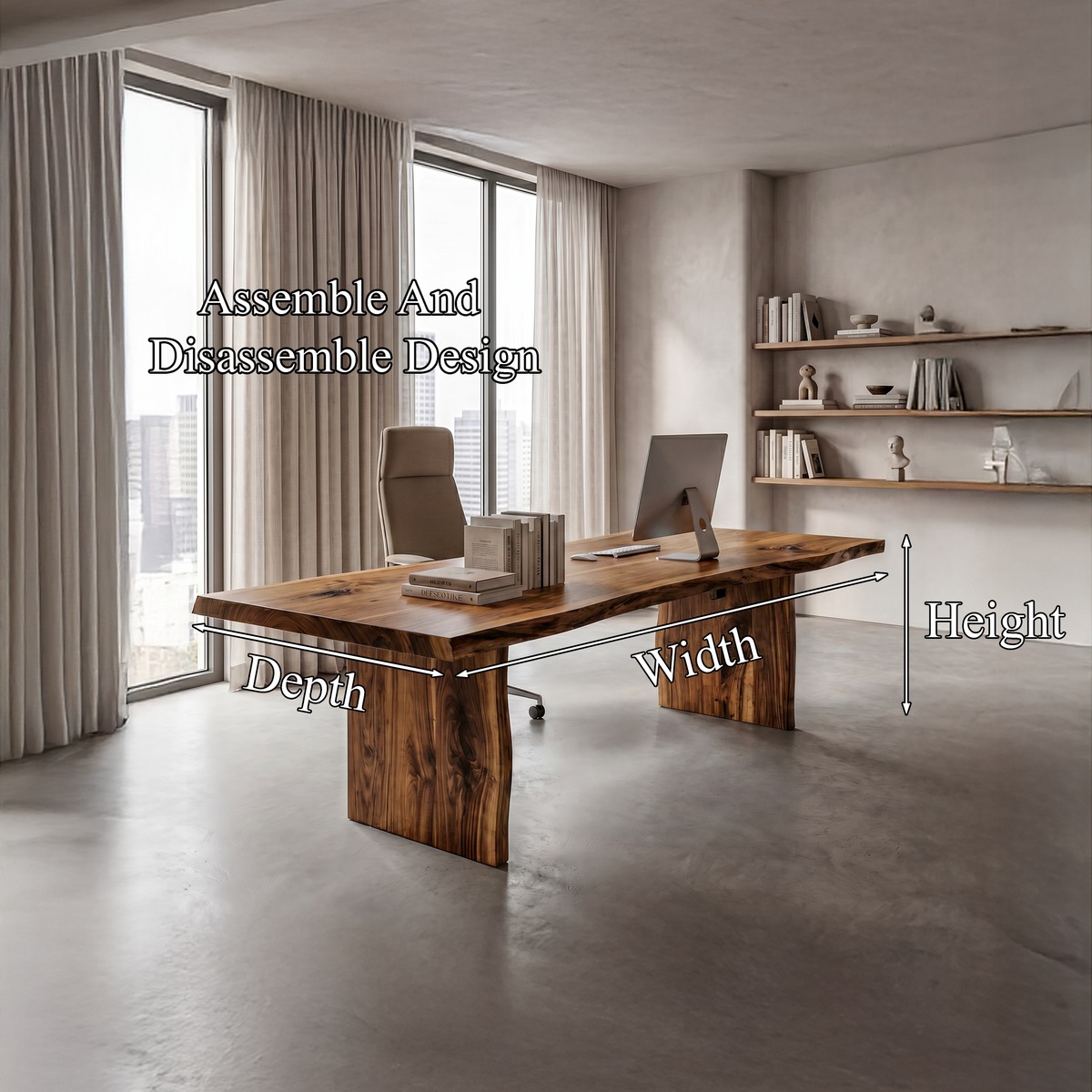 Rustic Live Edge Wooden Desk with Solid Wood Pedestal Base, Natural Edge Executive Office Computer Table