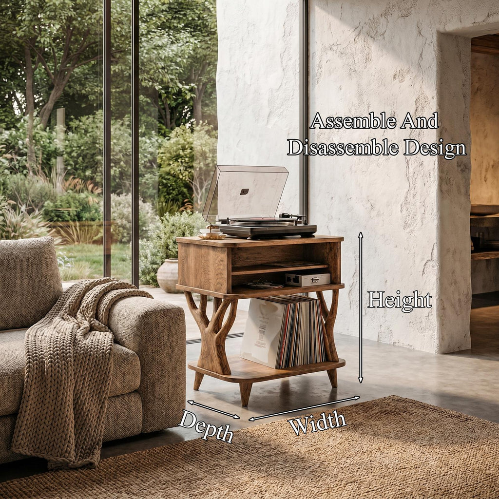 Organic Record Player Stand, Solid Wood Turntable Table with Drawer Storage & Vinyl Shelf