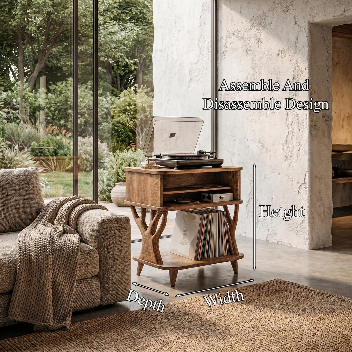 Organic Record Player Stand, Solid Wood Turntable Table with Drawer Storage & Vinyl Shelf