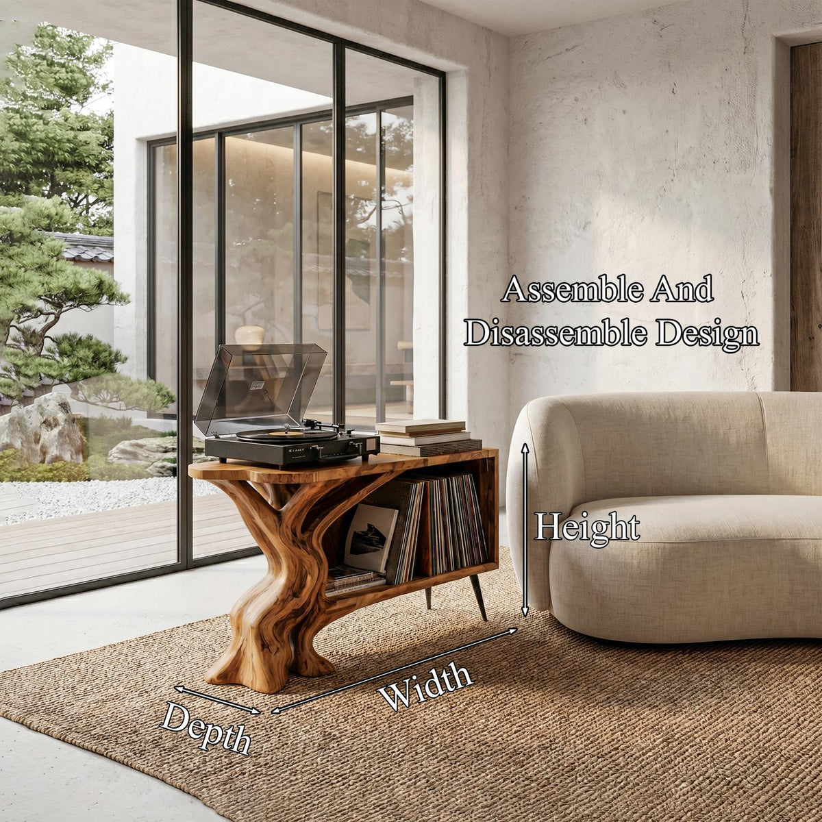 Organic Record Player Stand, Sculptural Tree Root Solid Wood Turntable Station with Vinyl Storage